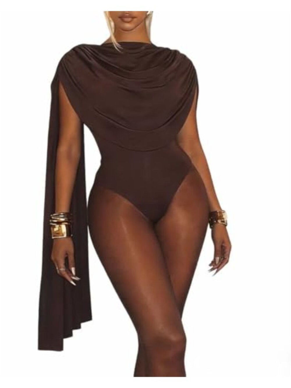 Women's Sexy Cape Long Sleeve Bodysuit Jumpsuit Romper Ruched Bodycon One Piece